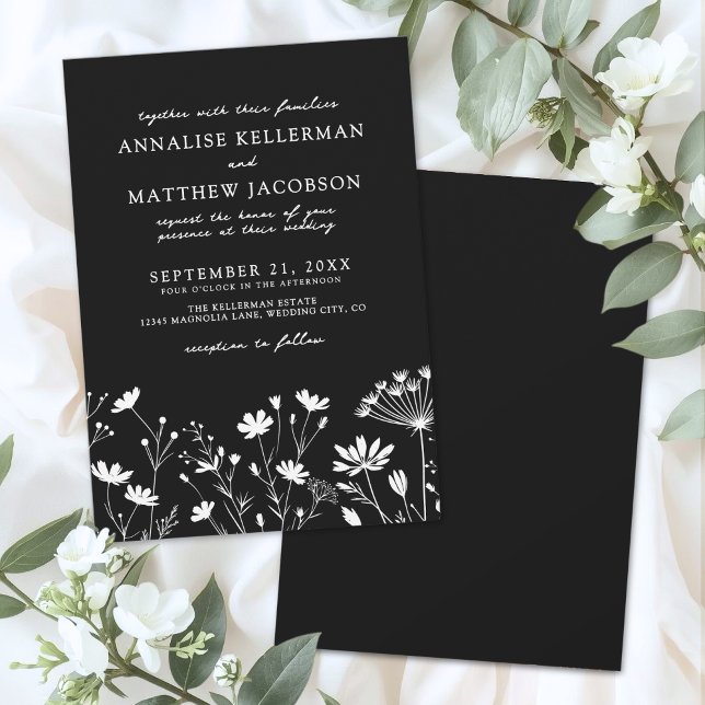 Invitación Flores Silvestres Negras Blancas Boda Floral (Wildflower Black White Floral Wedding Invitation)