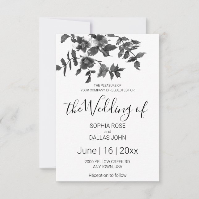 Invitación Flores silvestres negras blancas modernas minimali (Anverso)