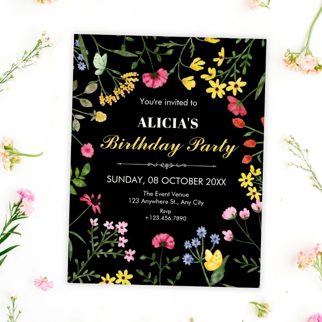 Invitación flores silvestres negras cumpleaños (Subido por el creador)