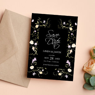 Invitación Flores Silvestres Negras y Blancas Boda Salvar la 