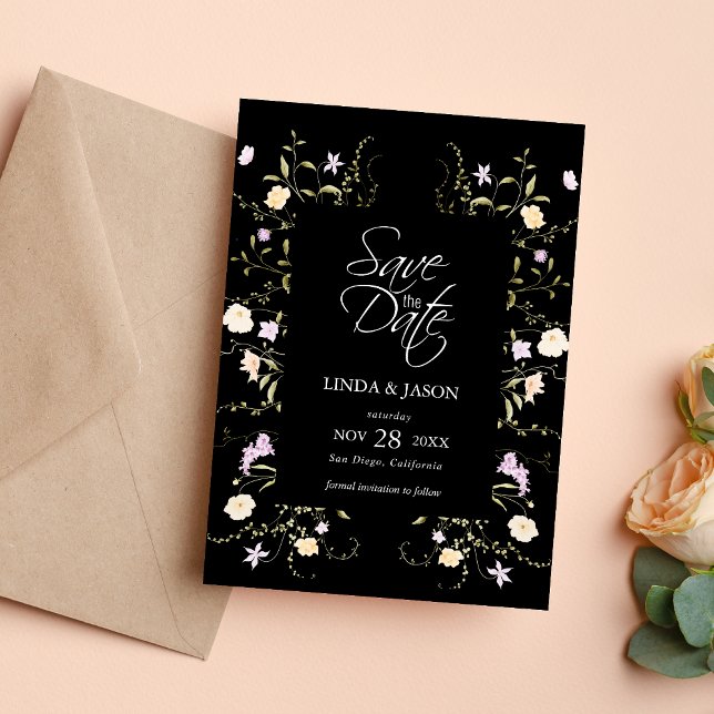 Invitación Flores Silvestres Negras y Blancas Boda Salvar la  (Black and white wildflowers save the date invitation sets a timeless tone for your wedding day)