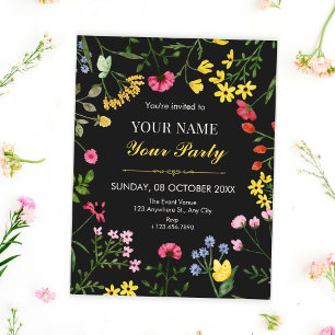 Invitación flores silvestres negras y coloridas