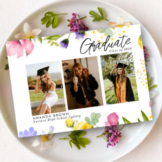 Invitación Flores silvestres Negrita Tres Graduación de Foto 