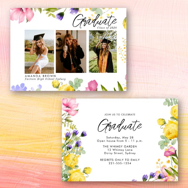 Invitación Flores silvestres Negrita Tres Graduación de Foto  (Subido por el creador)