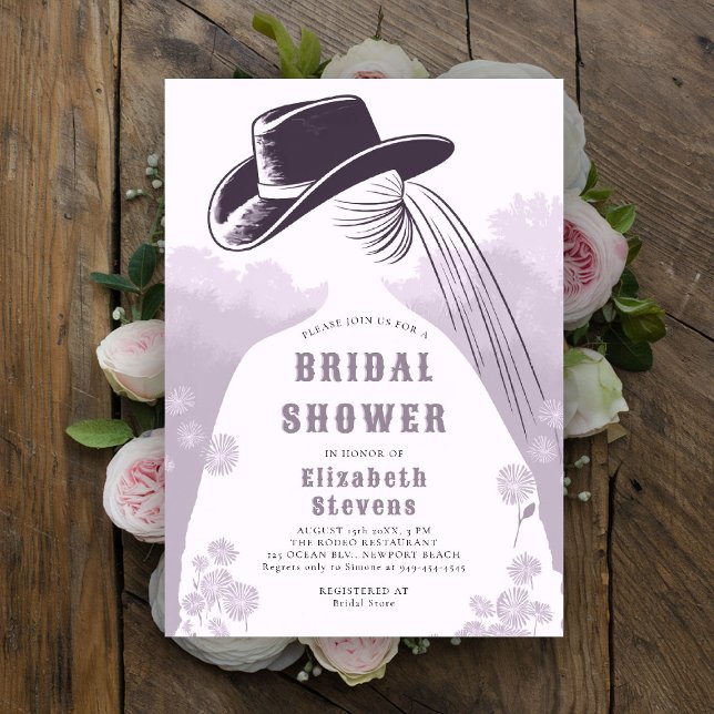 Invitación Flores silvestres occidentales Rústicas Lavanda Du (western bridal shower invitation prairie wildflowers cowgirl cowboy hat lavender lilac purple pink)