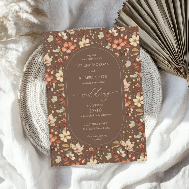 Invitación Flores silvestres oxicortes marrones del Boho Arch (Boho Arch Fall terracotta brown rusty wildflowers Invitation)