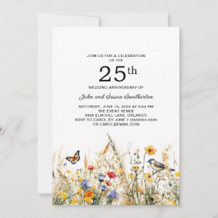 Invitación Flores silvestres pájaros mariposas 25 aniversario