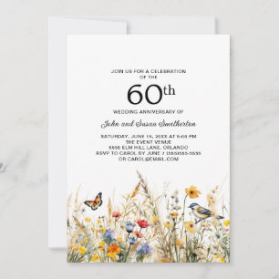 Invitación Flores silvestres pájaros mariposas 60 aniversario