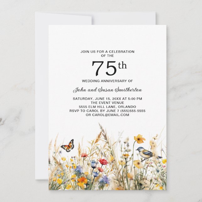 Invitación Flores silvestres pájaros mariposas 75 aniversario (Anverso)