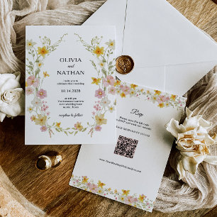 Invitación Flores Silvestres Pastel Código QR RSVP Boda Flo
