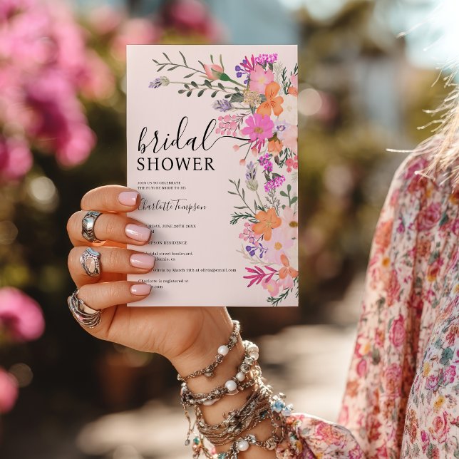 Invitación Flores silvestres pastel románticas ducha de novia (Romantic boho pink wildflower garden bridal shower invitation)
