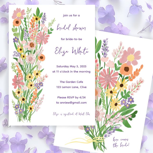 Invitación Flores silvestres Personalizado dulce pintado a ma (Wildflowers Handpainted Sweet Custom Bridal Shower Invitation Floral Colorful Dainty Spring Summer
)