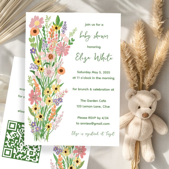 Invitación Flores silvestres Personalizado pintado a mano cód (Wildflowers Handpainted Custom QR code Baby Shower Invitation
)