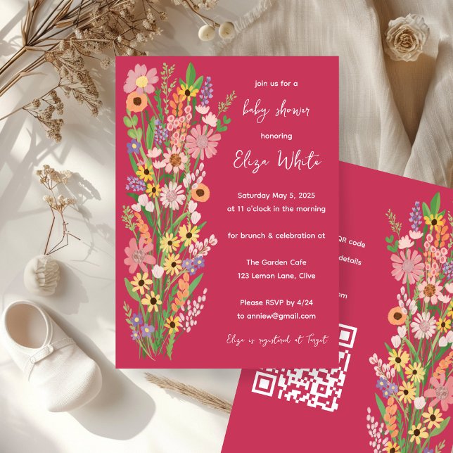 Invitación Flores silvestres Personalizado pintado a mano cód (Wildflowers Handpainted Custom QR code Baby Shower Invitation Pink)
