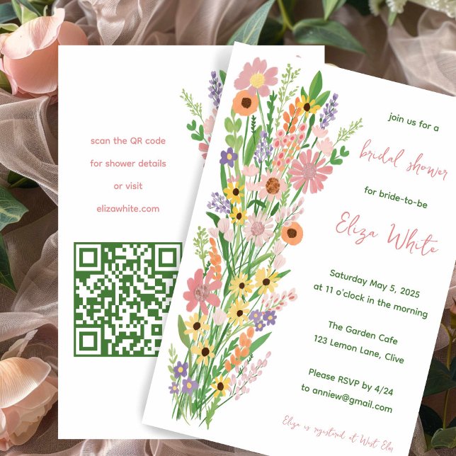 Invitación Flores silvestres Personalizado pintado a mano QR  (Wildflowers Handpainted Custom QR Bridal Shower Invitation
)
