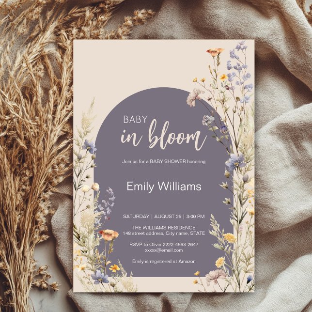 Invitación Flores silvestres pradera elegante boho bebé ducha (A little wildflower elegant rustic boho watercolor baby shower invitation, baby in bloom)