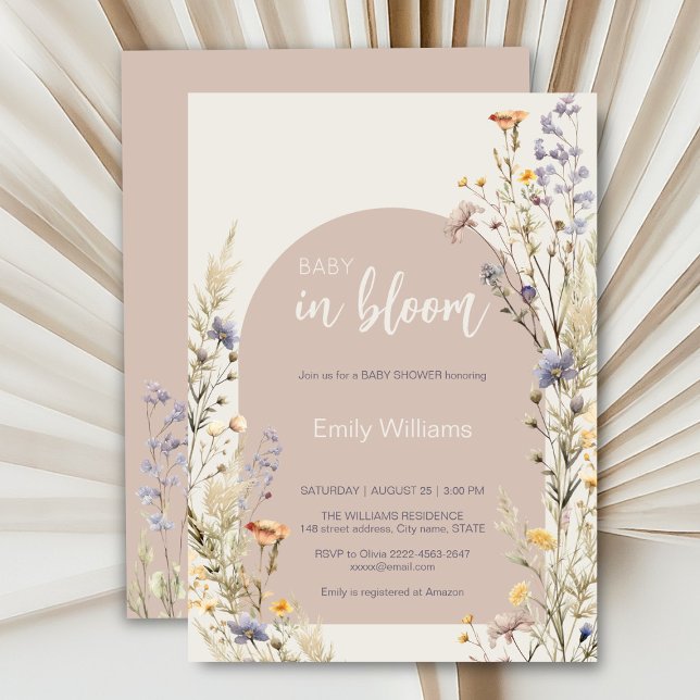Invitación Flores silvestres pradera elegante boho bebé ducha (A little wildflower elegant rustic boho watercolor baby shower invitation, baby in bloom)