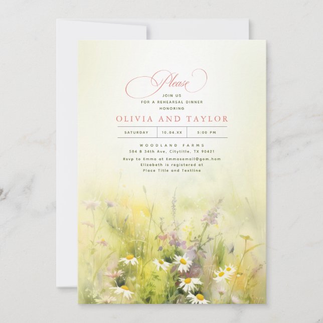 Invitación Flores silvestres pradera elegante cena de verano (Anverso)