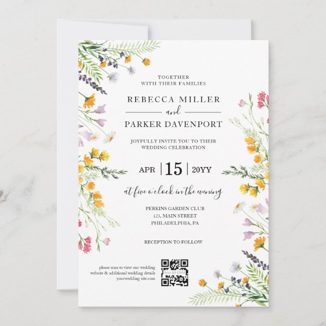 Invitación Flores silvestres primavera Boda moderno Código QR (Anverso)