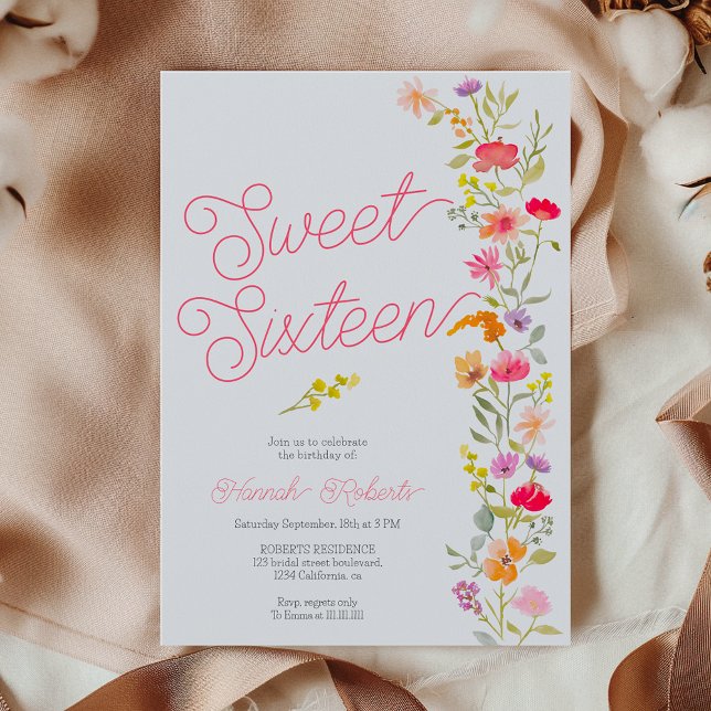Invitación Flores silvestres primavera verano floral Sweet 16 (Spring summer wildflowers floral Sweet 16 Invitation)