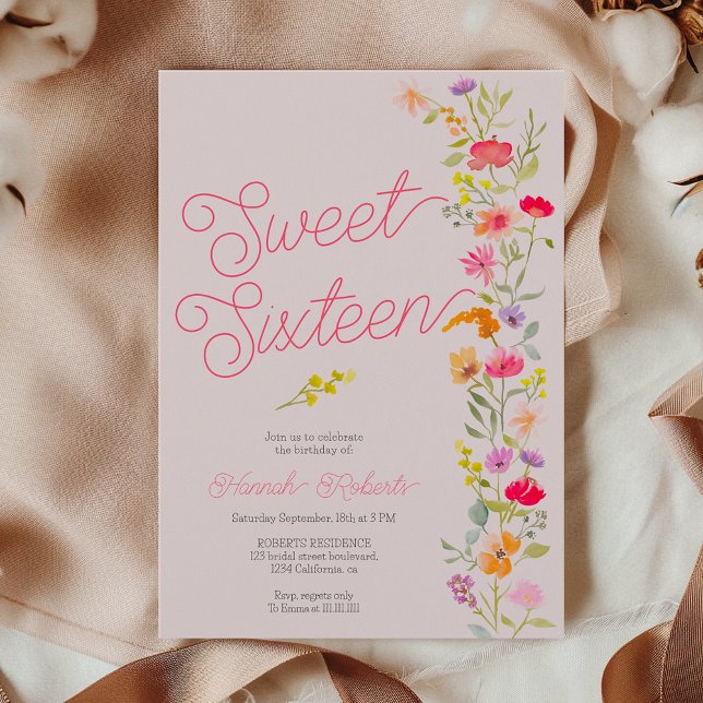 Invitación Flores silvestres primavera verano floral Sweet 16 (Spring summer wildflowers floral Sweet 16 pink Invitation on pink)
