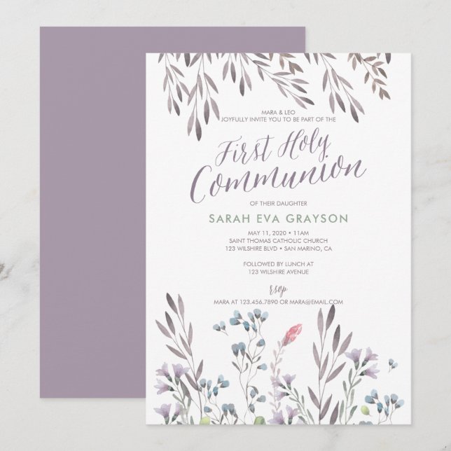 Invitación Flores silvestres, primera comunión sagrada (Anverso / Reverso)