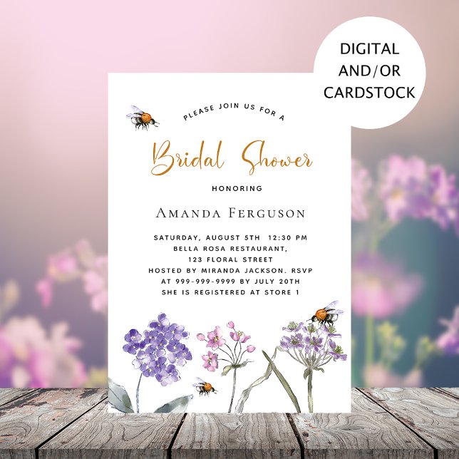 Invitación Flores silvestres púrpura abeja rosa Ducha de novi (Subido por el creador)