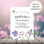 Invitación Flores silvestres púrpura cumpleaños<br><div class="desc">Un fondo blanco. Decorado con abejas y flores silvestres pintadas en violeta y rosa. Personalice y agregue un nombre y detalles del fiesta.</div>