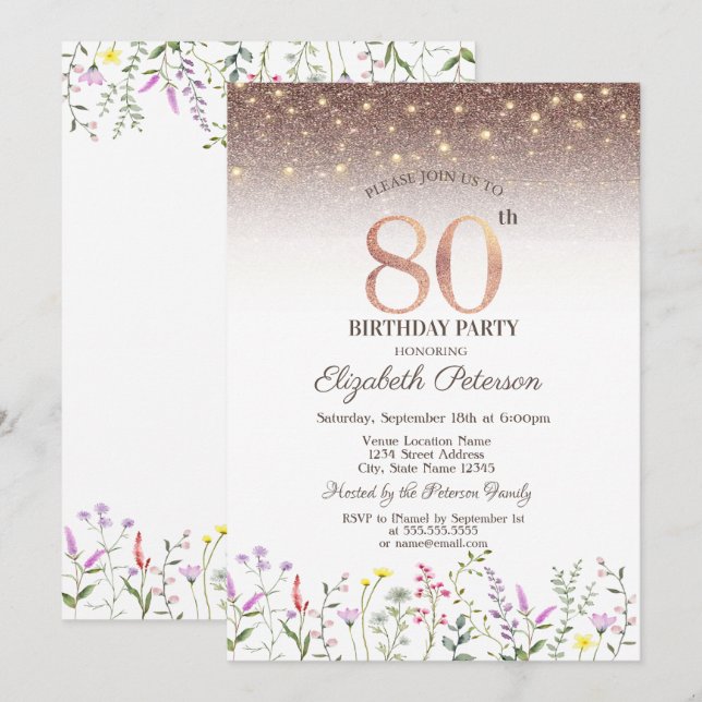 Invitación Flores silvestres, Purpurina de las luces de caden (Anverso / Reverso)