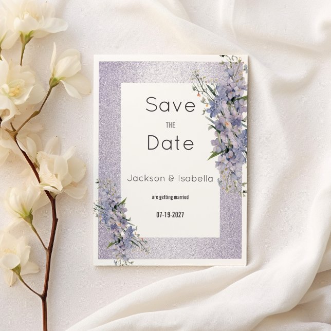 Invitación Flores silvestres purpurina Lavender floral Guarda (Lavender glitter wildflowers floral Save the Date)