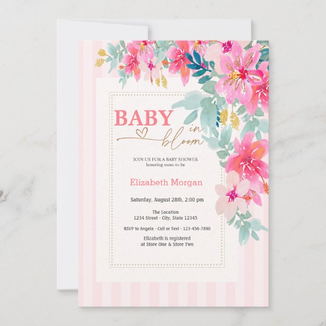 Invitación Flores Silvestres Rayas Rosadas Bebé en Flor Ducha (Anverso)