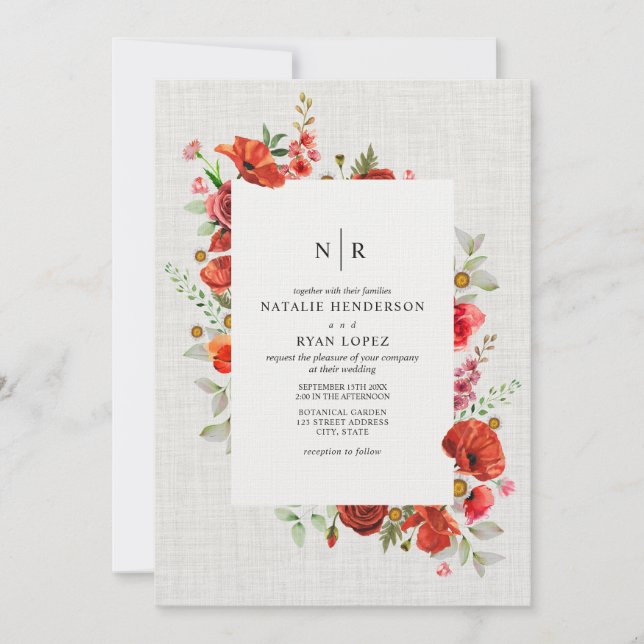 Invitación Flores silvestres Red Poppy Floral Linen Boda (Anverso)
