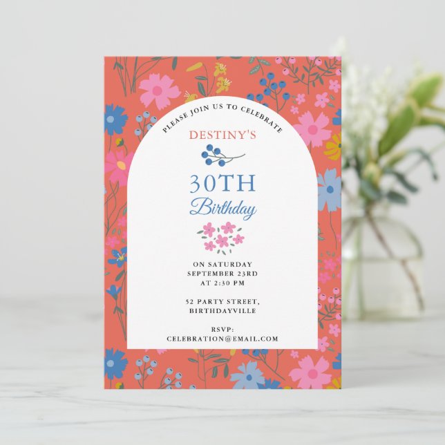 Invitación Flores silvestres rojas Boho cumpleaños 30 40 (Anverso de pie)