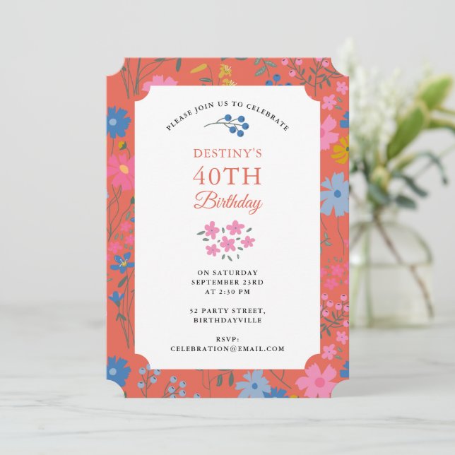 Invitación Flores silvestres rojas Boho cumpleaños 30 40 (Anverso de pie)