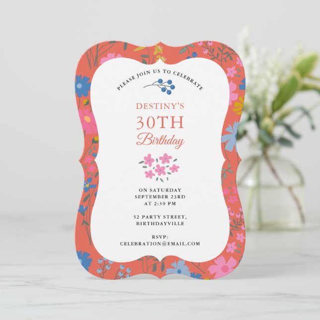 Invitación Flores silvestres rojas Boho cumpleaños 30 40 (Anverso de pie)
