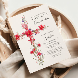 Invitación Flores silvestres rojas Cruz floral Primera Comuni