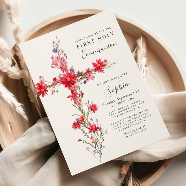 Invitación Flores silvestres rojas Cruz floral Primera Comuni (Subido por el creador)