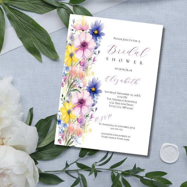 Invitación Flores silvestres Rosa Azul Amarillo Despedida de  (Wildflower Watercolor Bridal Shower Invitation. Pink Yellow Blue Flowers, Printed or Digital )