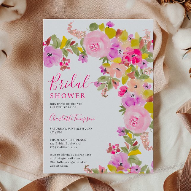 Invitación Flores silvestres rosa bohemias ducha de novia en  (Bohemian pink wildflowers spring bridal shower invitation)
