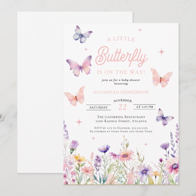 Invitación Flores silvestres rosadas azul mariposa Floral Bab (Anverso / Reverso)