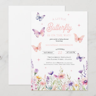 Invitación Flores silvestres rosadas azul mariposa Floral Bab