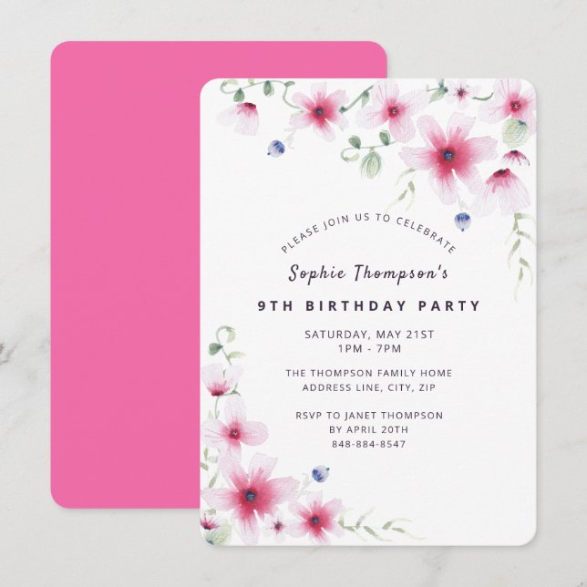 Invitación Flores silvestres rosadas calientes Fiesta de cump (Anverso / Reverso)
