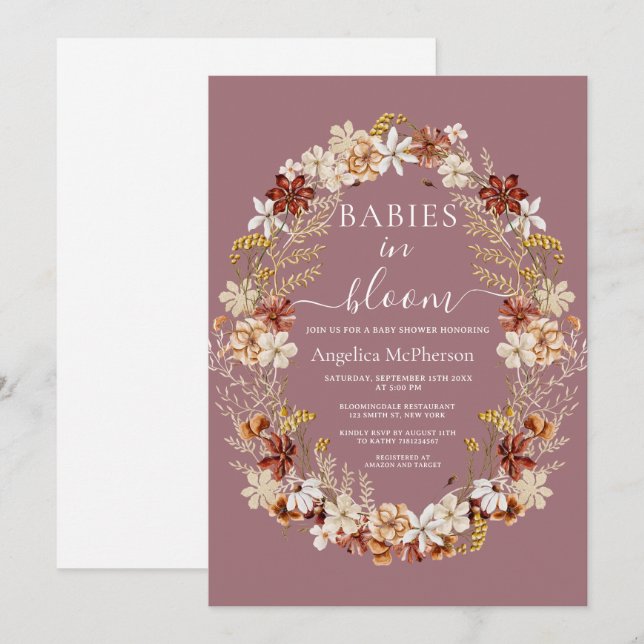 Invitación Flores silvestres rosadas Montbatten Wreath Twin B (Anverso / Reverso)