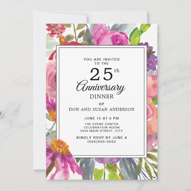 Invitación Flores Silvestres Rosadas Purpura Aniversario de B (Anverso)