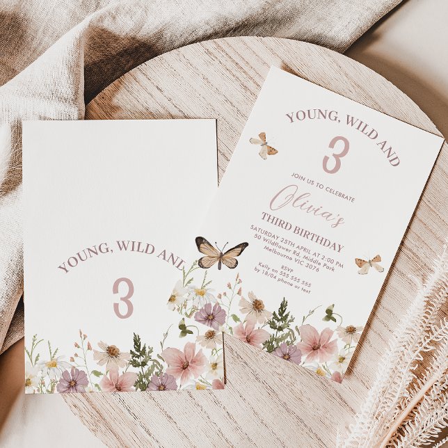 Invitación Flores silvestres rosadas púrpura rústicas Cumplea (Wildflowers Young, Wild and Three Birthday Invitation, Wildflowers 3rd Birthday Invitation Template)