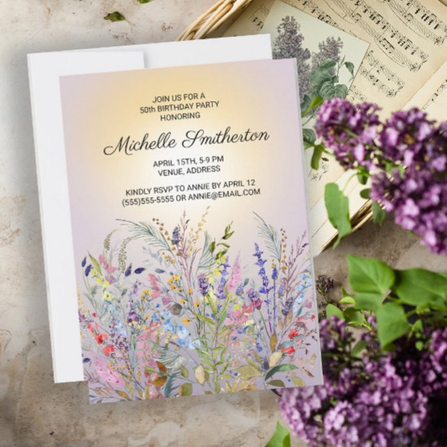 Invitación Flores Silvestres Rosadas Purpúreas Amarillas Cump (Subido por el creador)