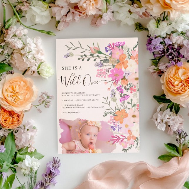 Invitación Flores silvestres rosadas Una foto Primer cumpleañ (Pink Wildflowers Wild One Photo First Birthday Invitation)