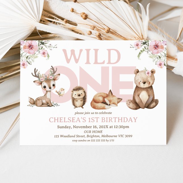 Invitación Flores silvestres rosadas Woodland Wild One First  (Pink Woodland Wild One 1st Birthday Invitation Girl, Pink Wildflowers Woodland First Birthday Invite)