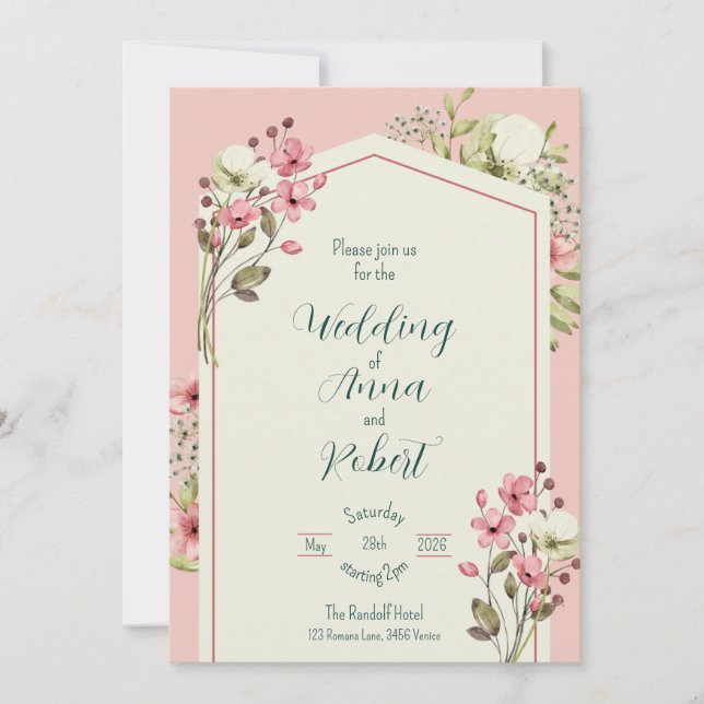 Invitación Flores Silvestres Rosadas Y Blancas Boda Geométric (Anverso)