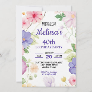 Invitación Flores silvestres rosadas y púrpuras pastorales cu